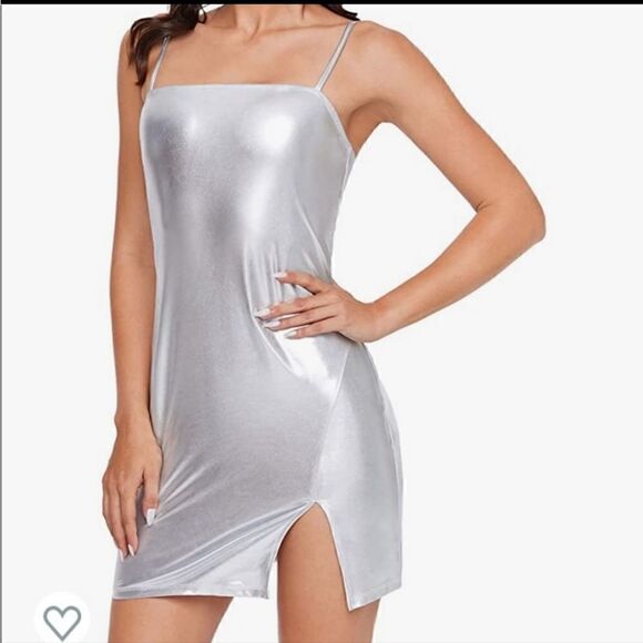 SHEIN Silver Metallic Holographic Halter Mini dress size small 4 NWOT - Picture 1 of 10